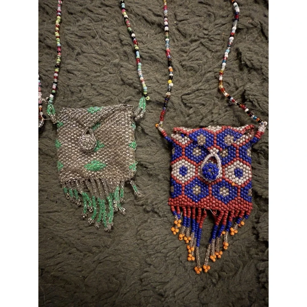 Vintage Hand-Beaded Amulet Medicine Pouch on Beaded Necklace and Fringe Lot Of 7